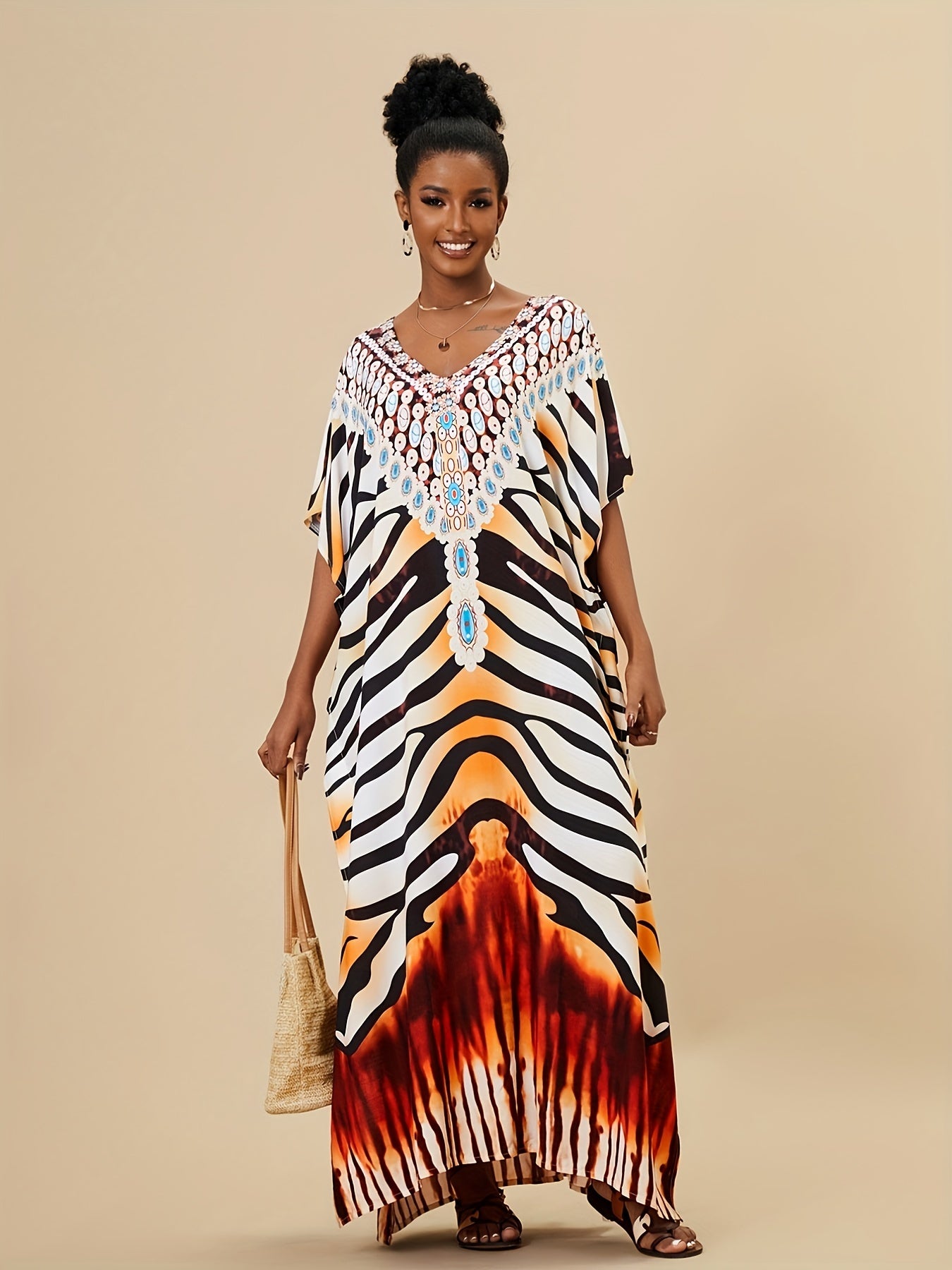 Boho Style Cover Up Dress V Neck Loose Fit Kaftan