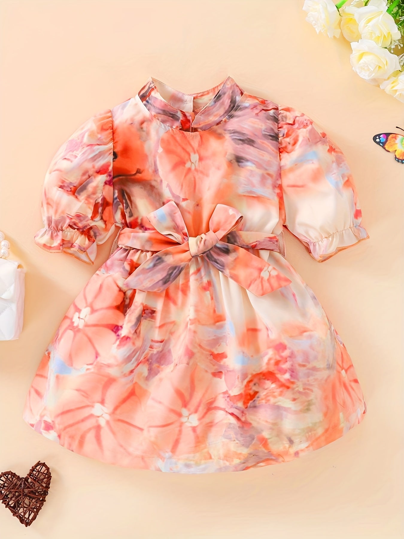 Baby Girls Abstract Painting Print Puffy Sleeve Dress