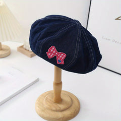 Pink Bowknot Patch Beret Denim Painter Cap Lightweight Hats