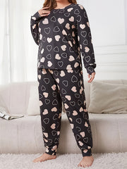 Women's Plus Heart Print Pajamas Set Long Sleeve Tee & Joggers Lounge Set