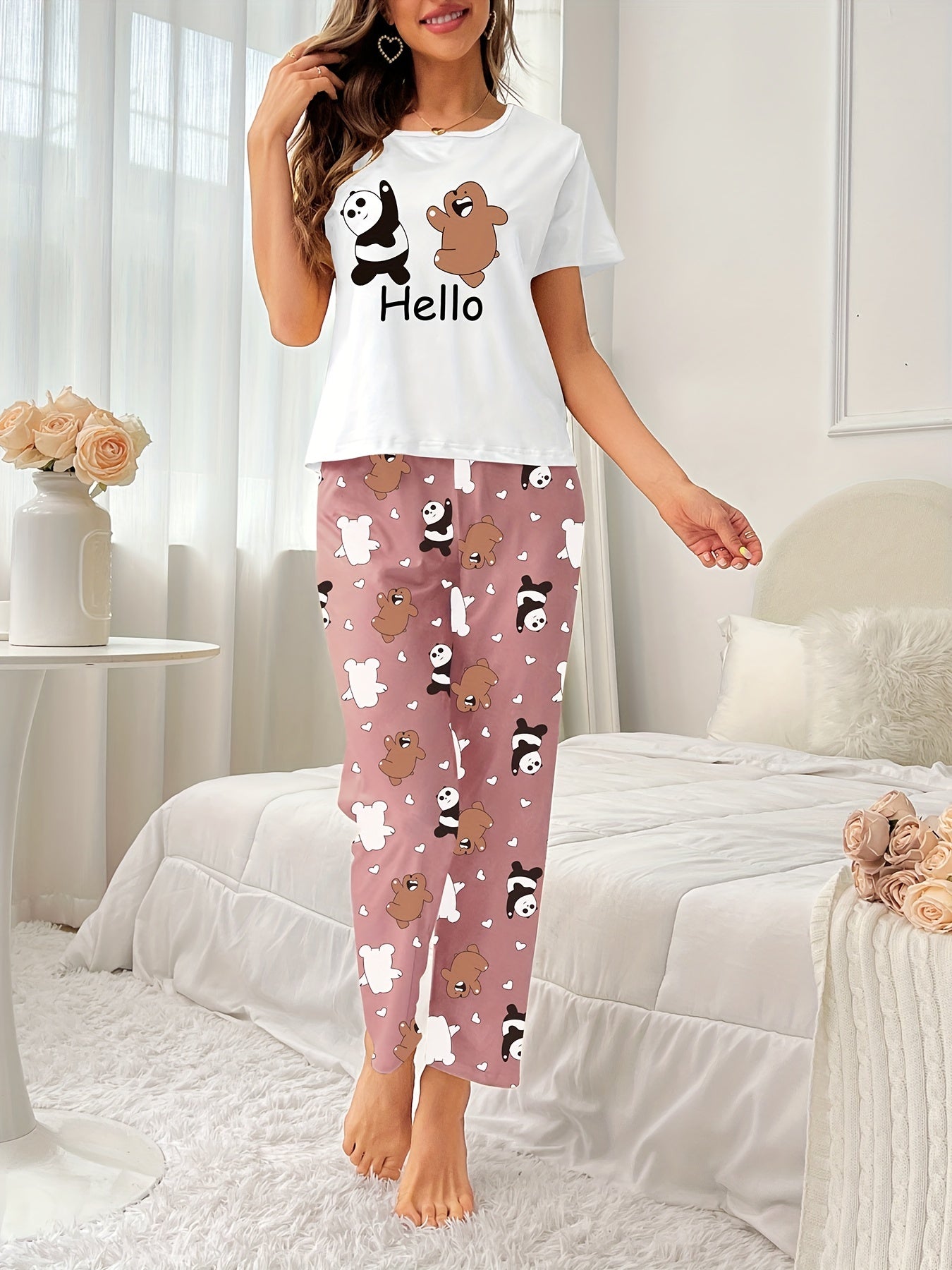 Bear Print Pajamas Set Short Sleeve Top & Shorts