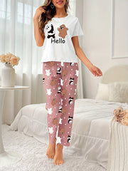 Bear Print Pajamas Set Short Sleeve Top & Shorts