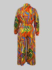 Sexy Jumpsuit Women's Plus Print Long Sleeve Turn Down Collar Jumpsuit