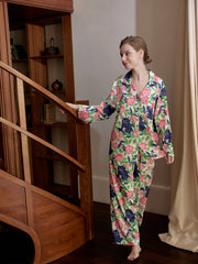 Floral & Cat Print Pajama Set Long Sleeve Top & Pants Women's Sleepwear