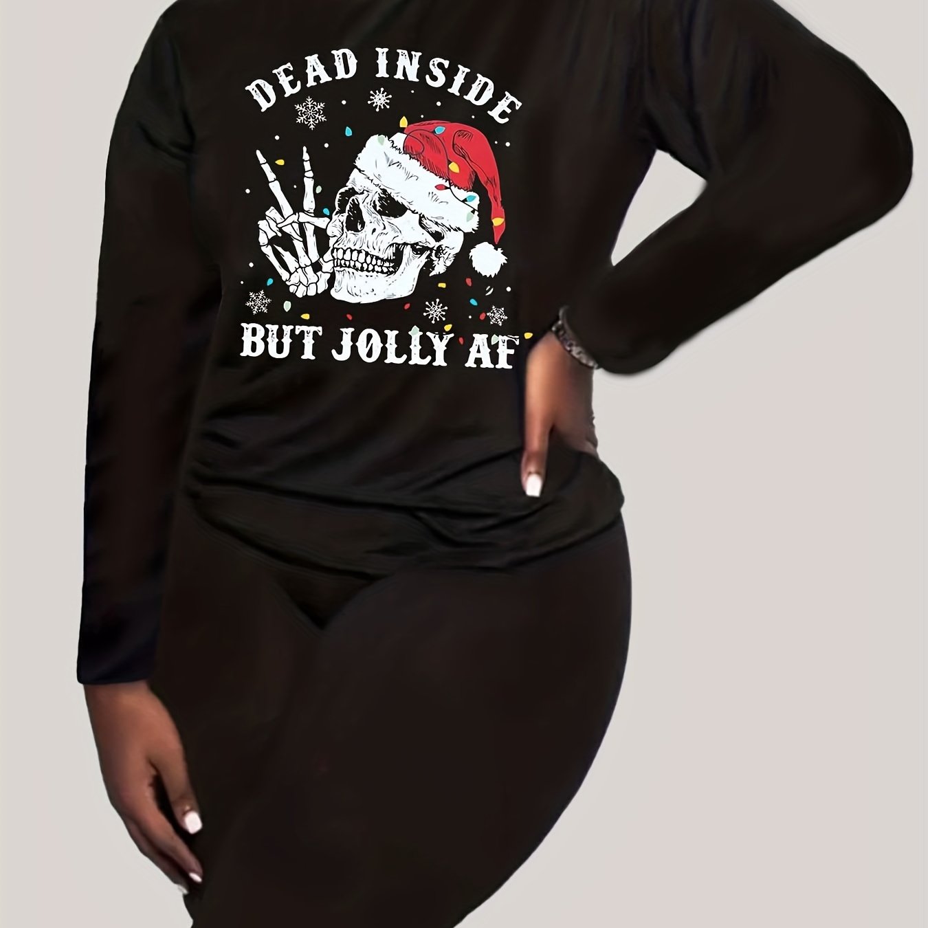 Christmas Outfits Set Women's Plus Christmas Hat Skull & Slogan Print