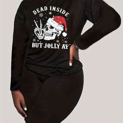 Christmas Outfits Set Women's Plus Christmas Hat Skull & Slogan Print