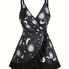 Moon & Sun Print Surplice Neck Cami Top