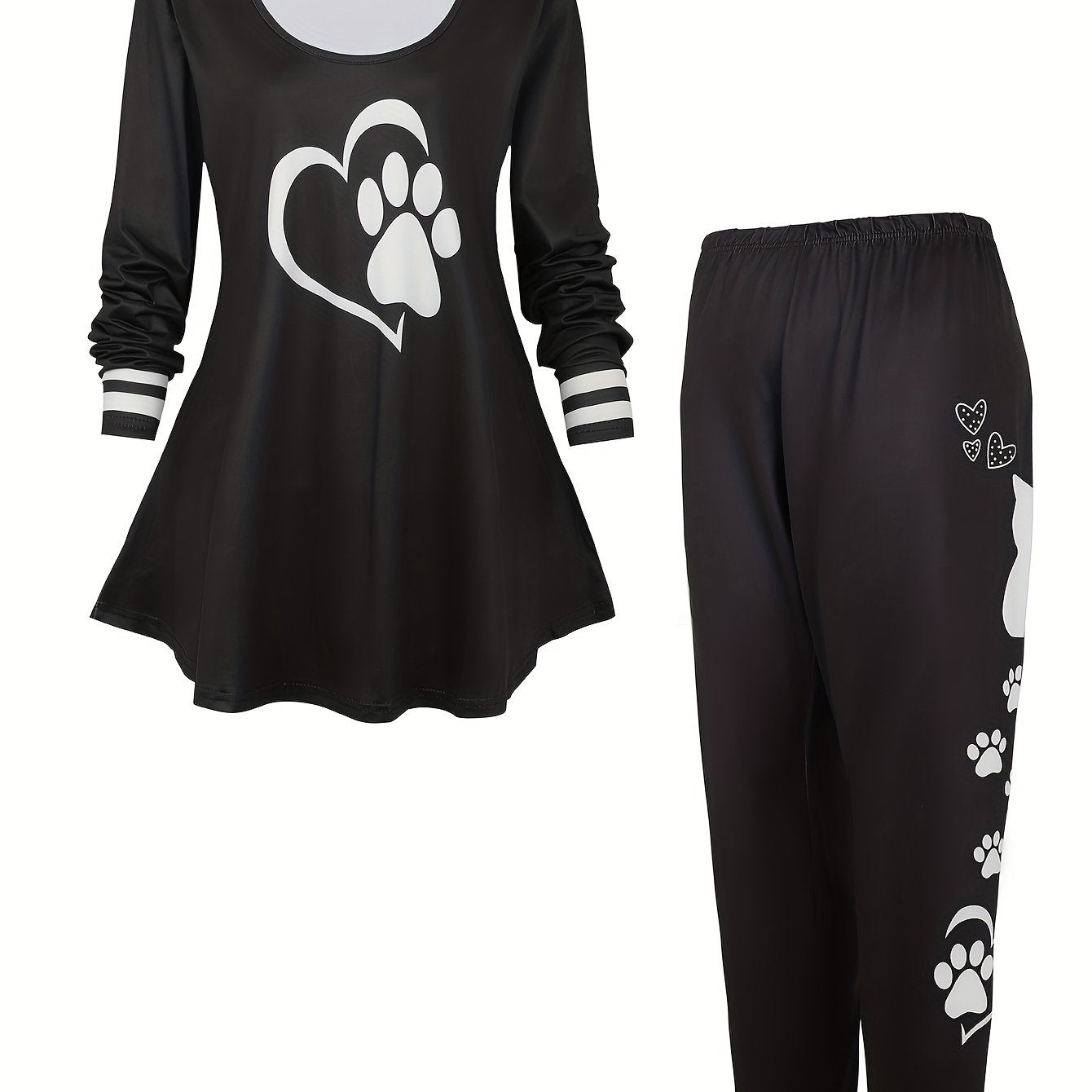 Women's Plus Heart & Dog Paw Print Peplum Top & Leggings Set