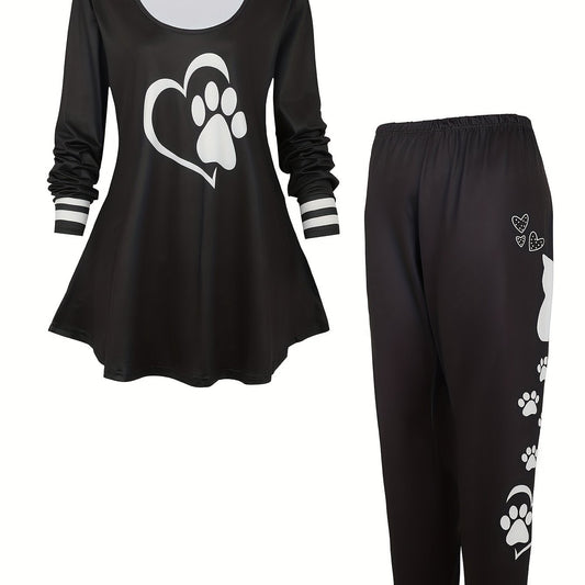 Women's Plus Heart & Dog Paw Print Peplum Top & Leggings Set