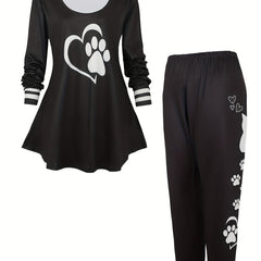 Women's Plus Heart & Dog Paw Print Peplum Top & Leggings Set