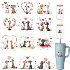 12pcs UV DTF Couple Dog Transfer Stickers Romantic Dogs in Love Hearts Couples