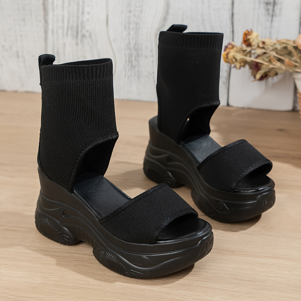 Women's Solid Wedge Sandals Knit Platform Beach Shoes
