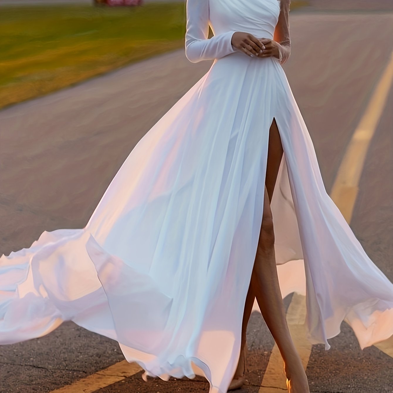 Solid Split Thigh Mesh Sleeve Maxi Party Dress