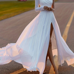 Solid Split Thigh Mesh Sleeve Maxi Party Dress