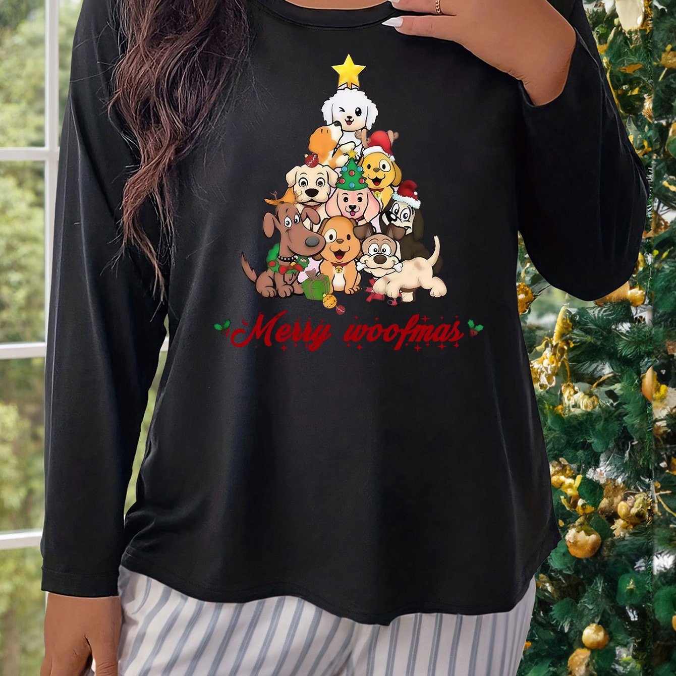 Women's Plus Size Puppies & Christmas Tree Graphic Sleepwear Top