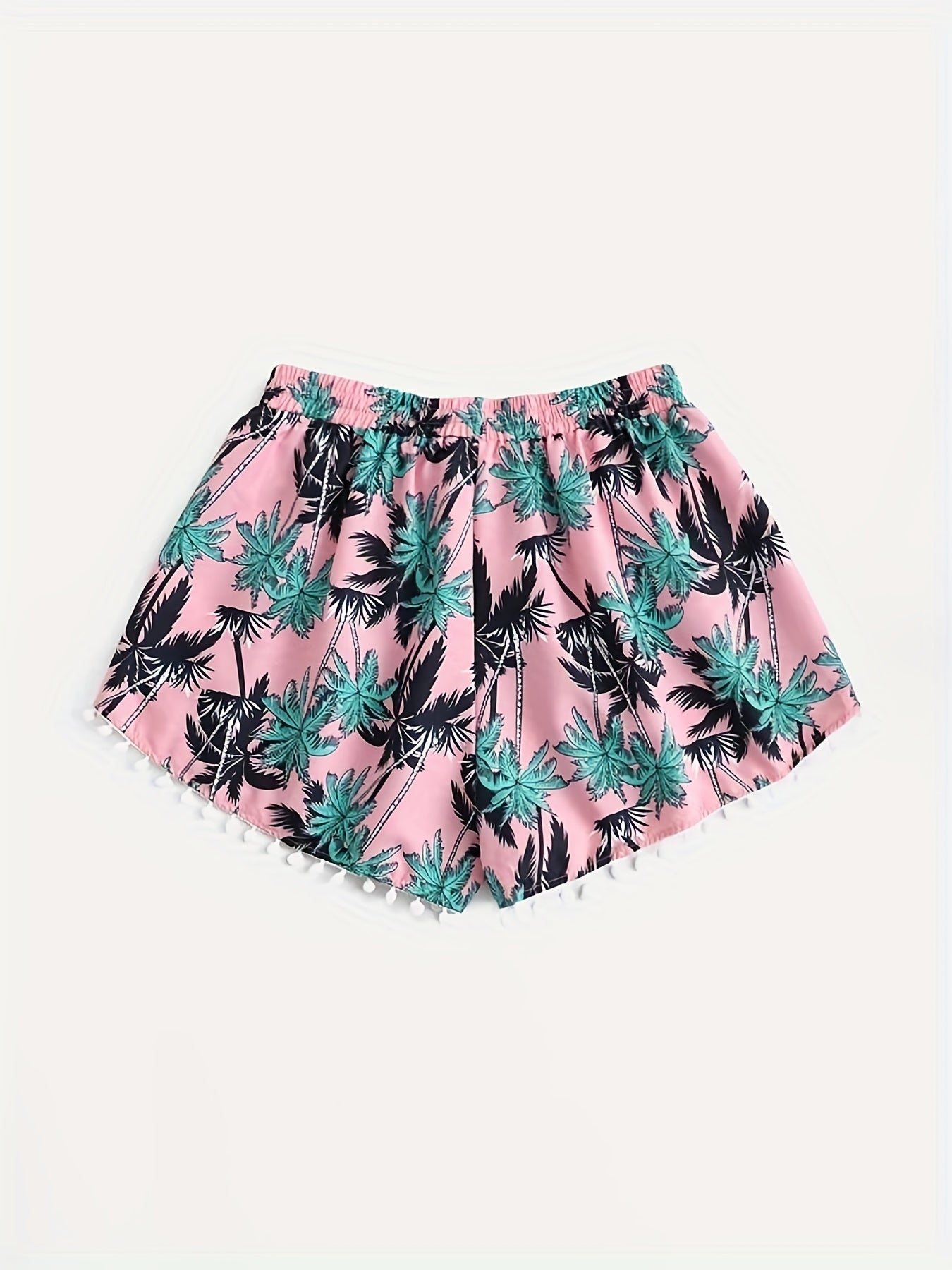 Tropical Print Mini Bow Pompom Trim Shorts