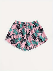Tropical Print Mini Bow Pompom Trim Shorts
