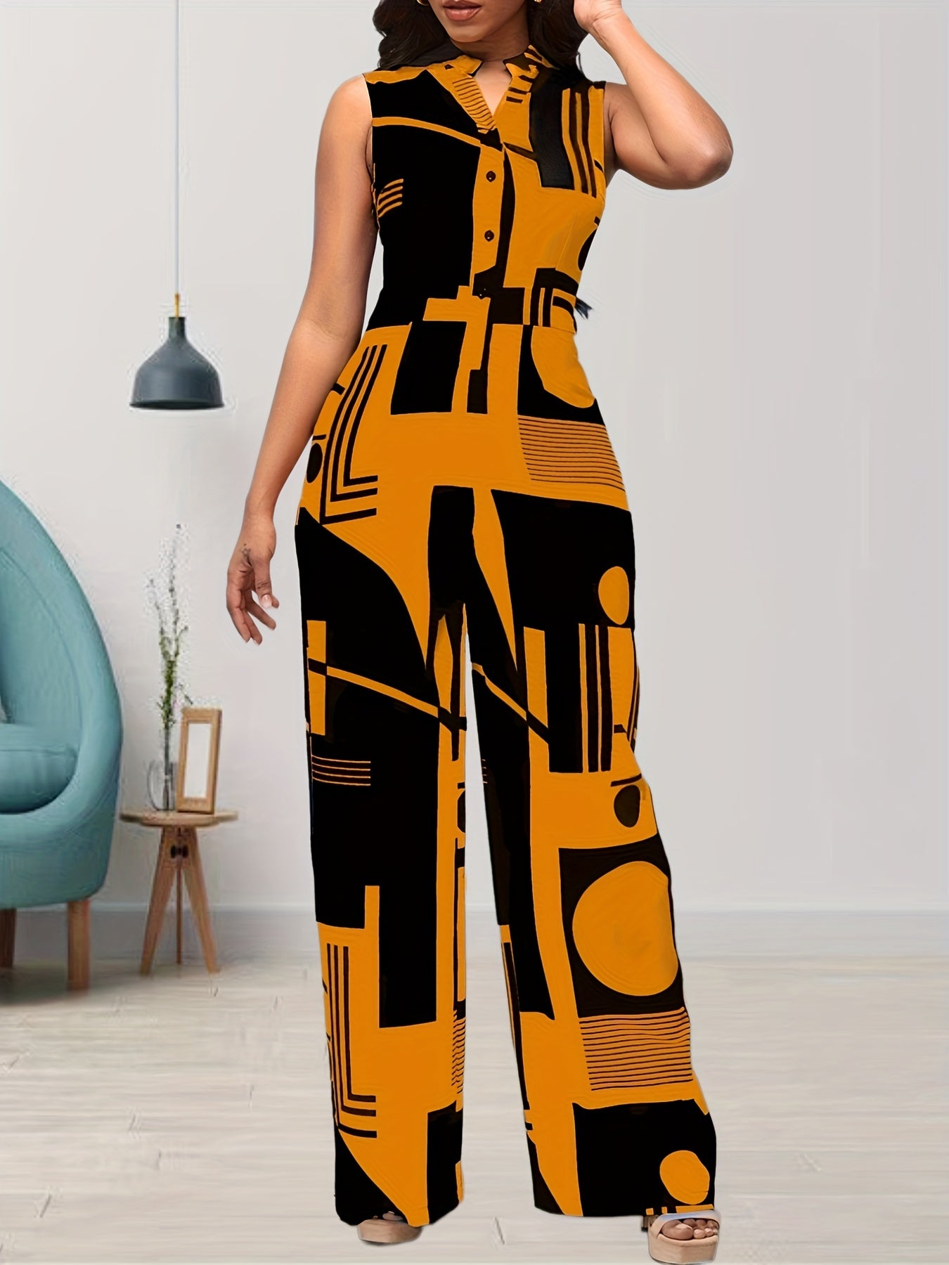 Graphic Print Sleeveless Jumpsuit V Neck Wide Leg Jumpsuit