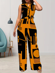 Graphic Print Sleeveless Jumpsuit V Neck Wide Leg Jumpsuit