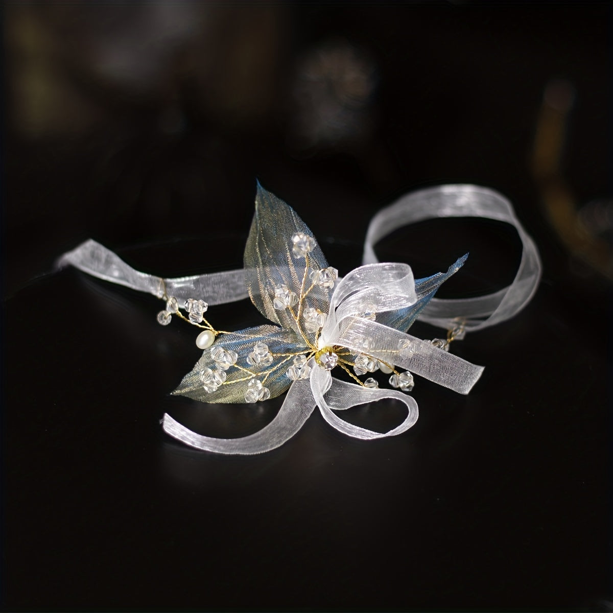 Mesh Ribbon Head Piece With Faux Pearl And Crystal Beads