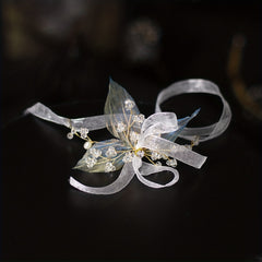 Mesh Ribbon Head Piece With Faux Pearl And Crystal Beads