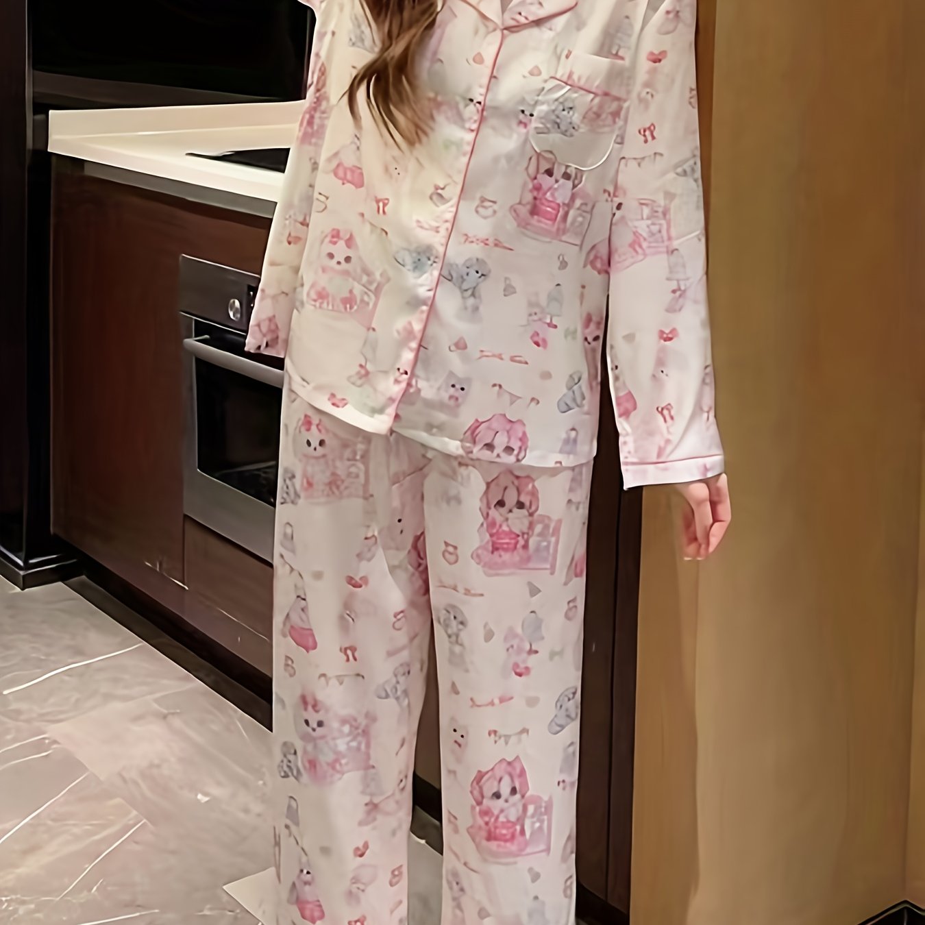 Cartoon Print Pajama Set Long Sleeve Top & Pants Women's Sleepwear