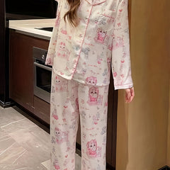 Cartoon Print Pajama Set Long Sleeve Top & Pants Women's Sleepwear