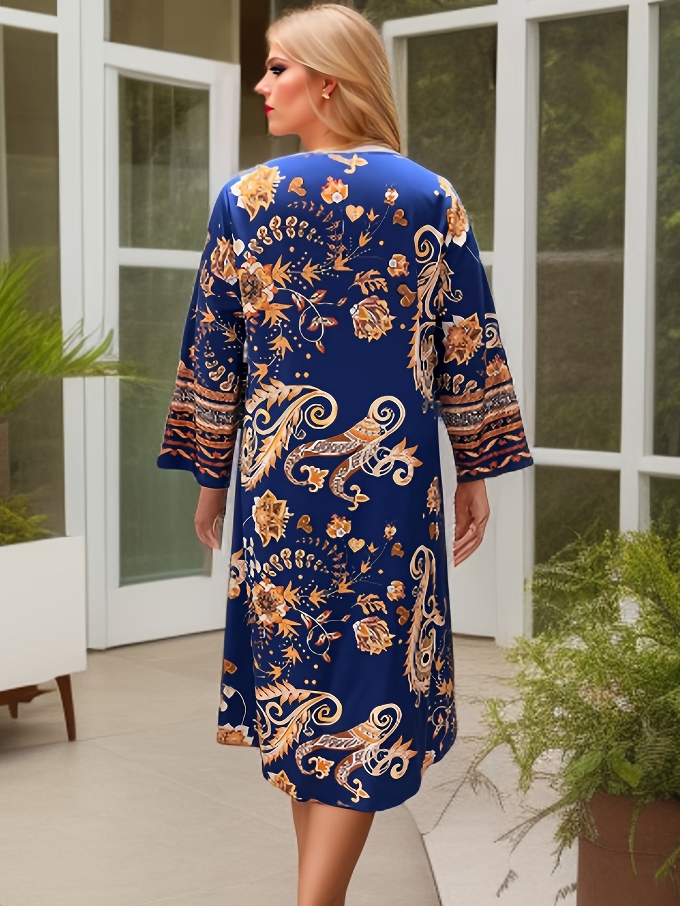 Women's Plus Tribal Print V Neck Long Sleeve Loose Casual Maxi Dress