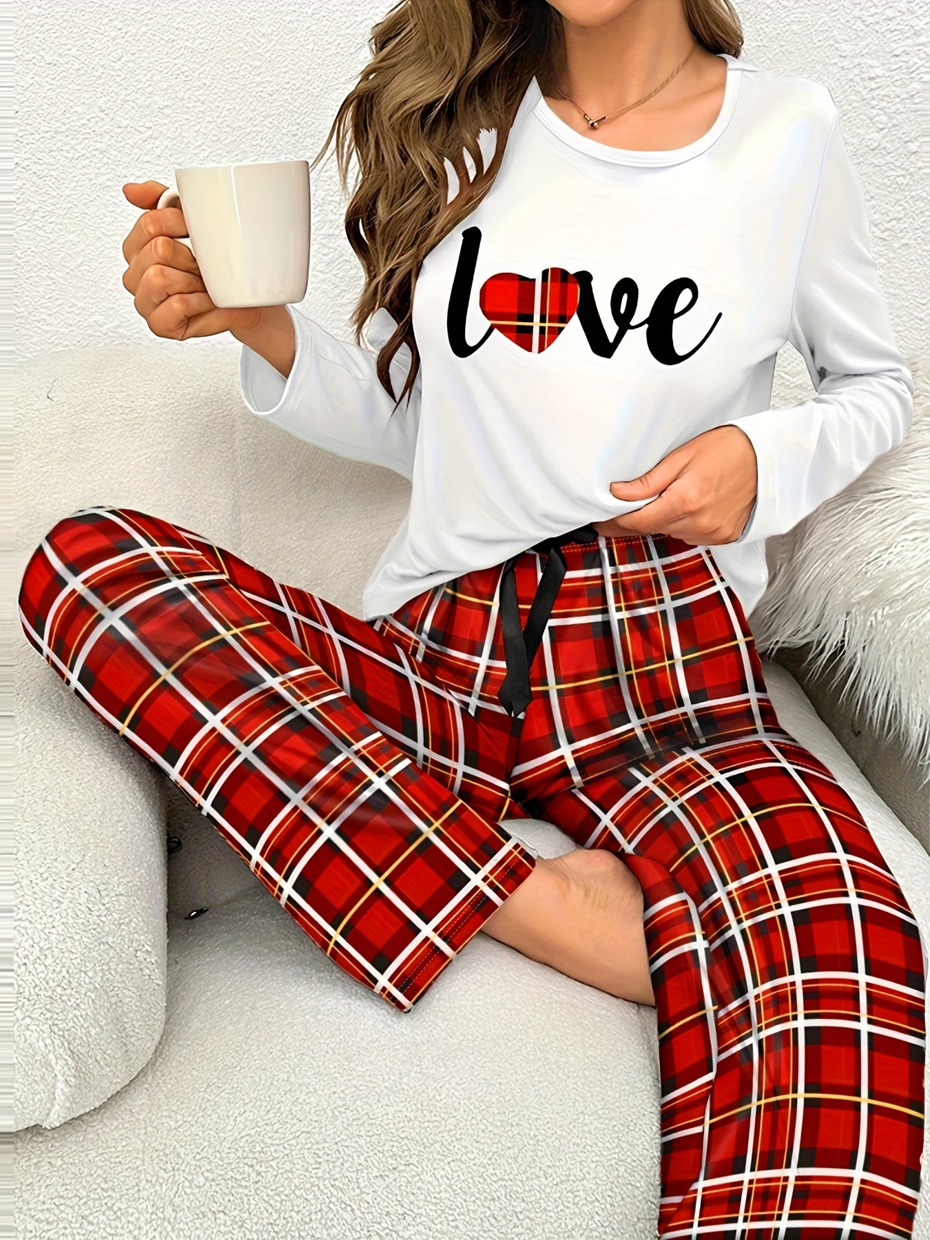 Letter Print Pajama Set Long Sleeve Top & Plaid Pants
