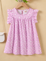 Girls Floral Dress Round Neck Sleeveless Ruffles Princess Dress Kids Summer Clot