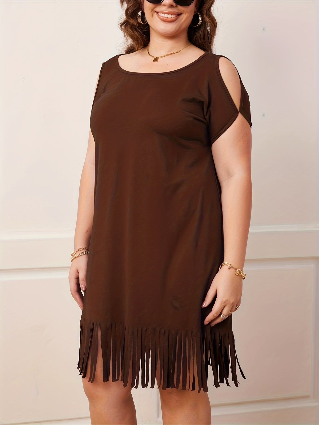 Casual Dress Women's Fringe Trim Cut Out Sleeve Round Neck