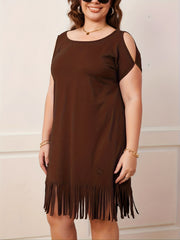 Casual Dress Women's Fringe Trim Cut Out Sleeve Round Neck