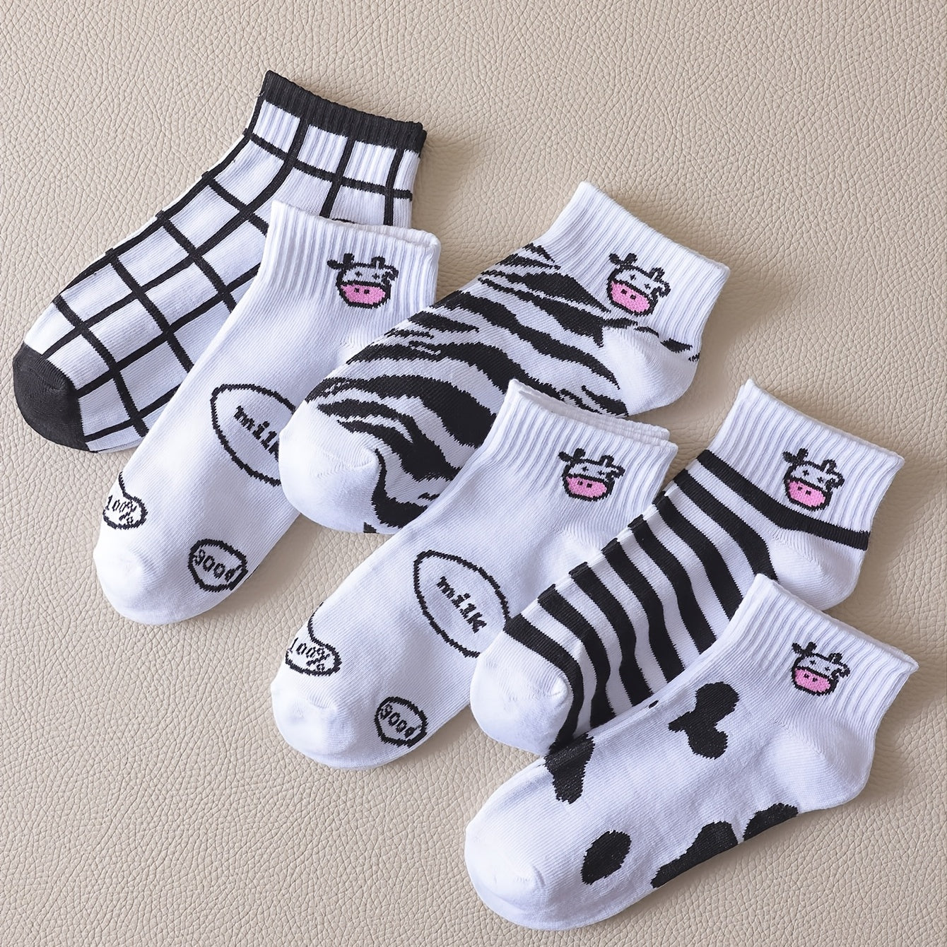 6 Pairs Cartoon Cow & Striped Ankle Socks Women's Stocking