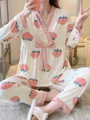 Peach Pattern Pajama Set Long Sleeve Top & Pants Women's Sleepwear