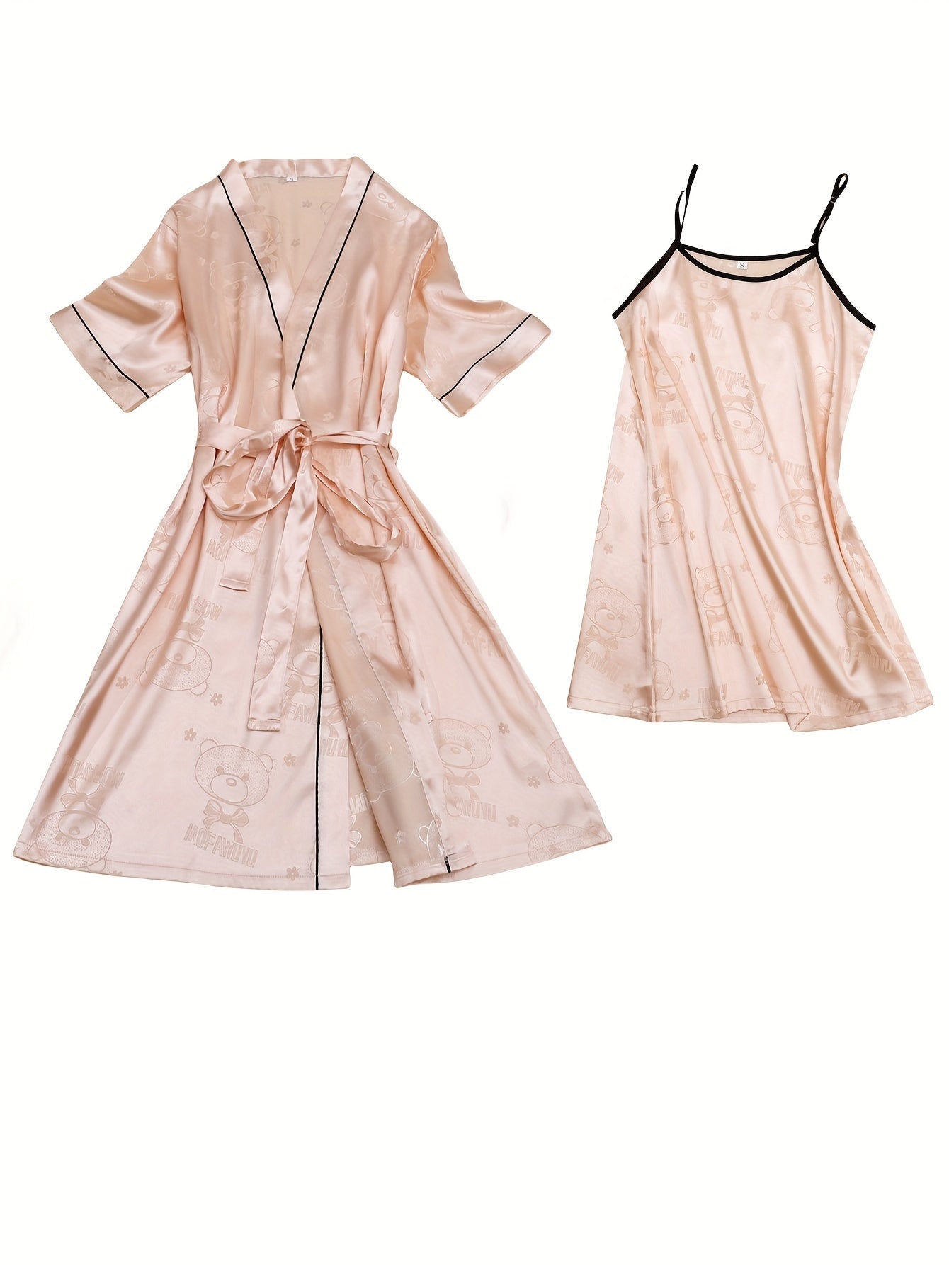 Bear & Floral Print Satin Pajamas Set
