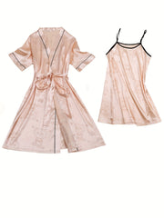 Bear & Floral Print Satin Pajamas Set