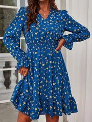 Ditsy Floral Print Shirred Dress V-Neck Ruffle Trim Women's Clothing