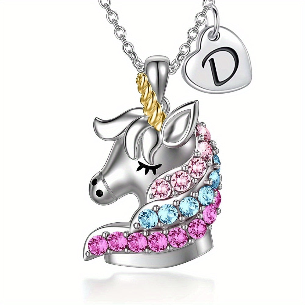 Cartoon Unicorn Letter Pendant Necklace for Girls