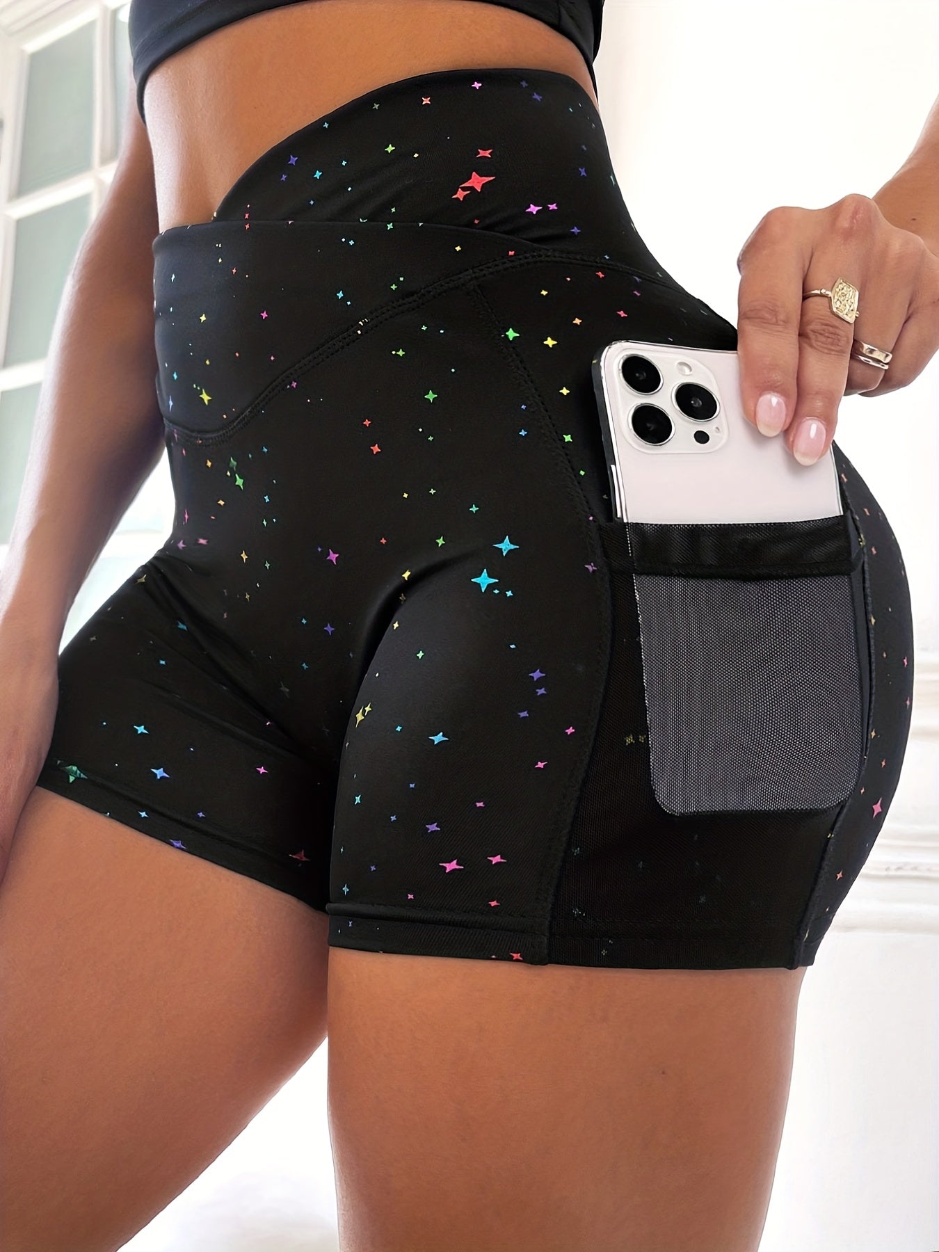 Star Print Cross Waist Yoga Shorts High Waist Running Workout Shorts