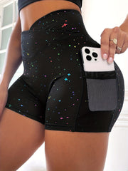 Star Print Cross Waist Yoga Shorts High Waist Running Workout Shorts