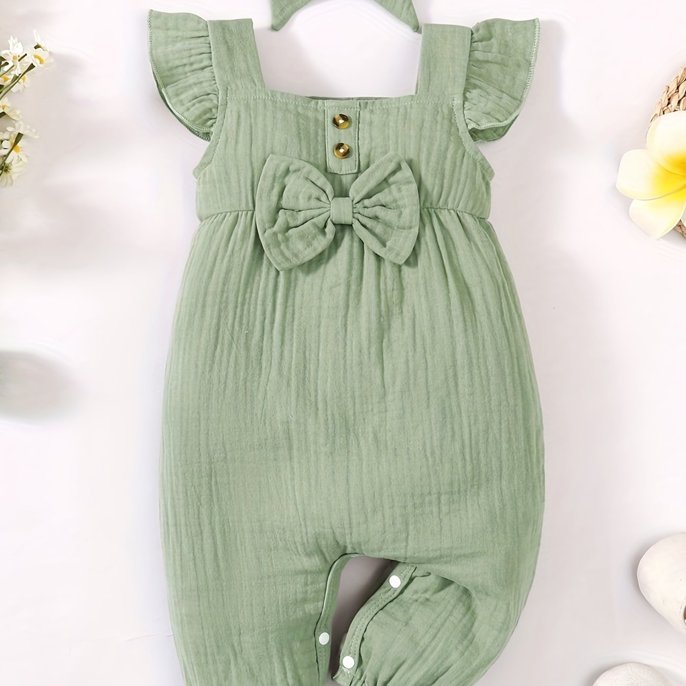 2pcs Baby Girls Ruffle Trim Romper & Headband Set