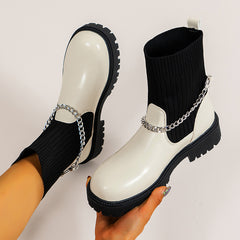Elastic Pearl Chain Slip On Sock Boot Chunky Heel Round Head Boot