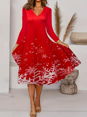 Snowflake Print V Neck Knee Length Dress
