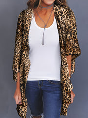 Leopard Print V Neck Cover Up Shirt Loose Fit Long Sleeve Rash Guard Kimono