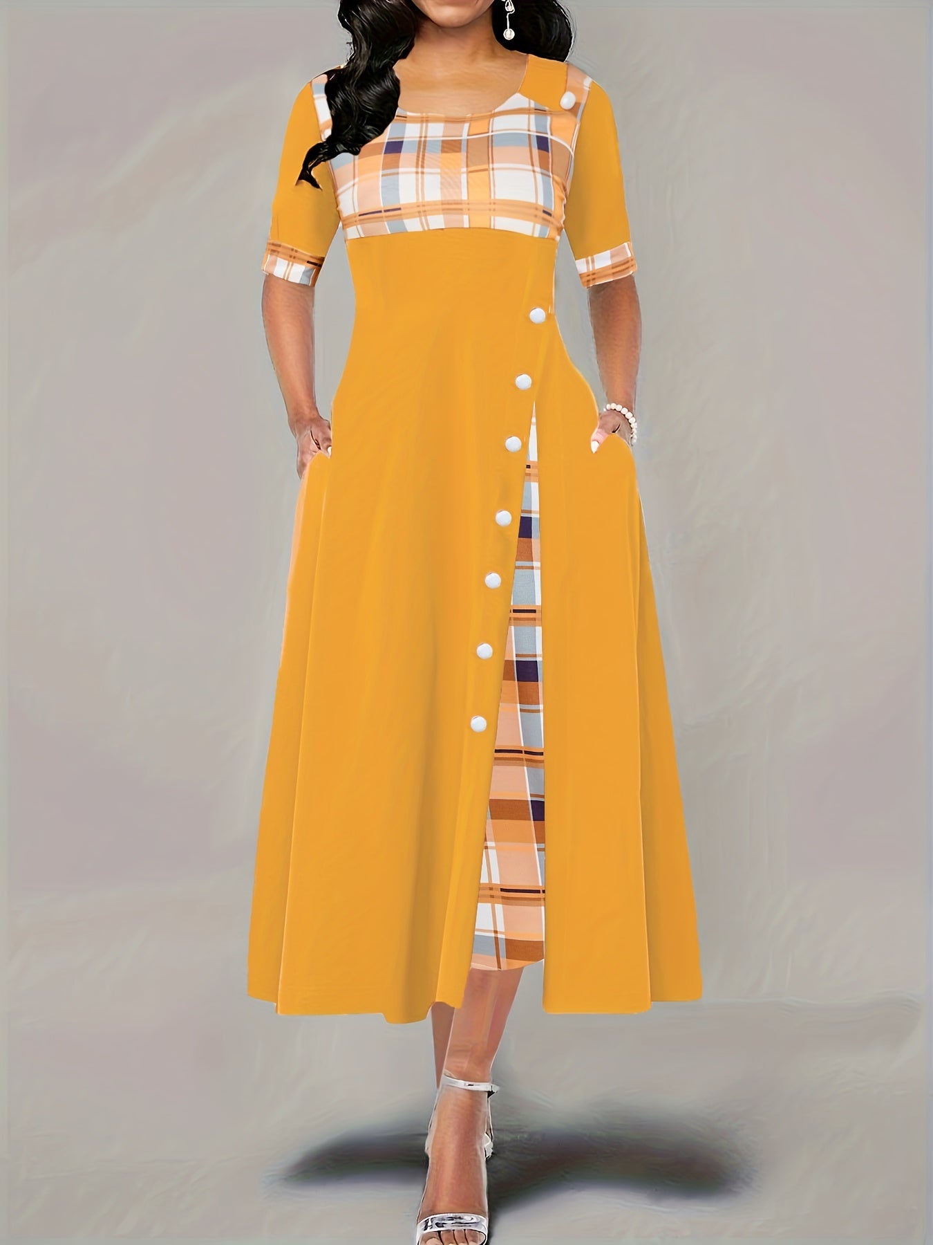 Plaid Print Button Decor Short Sleeve Dress With Pockets