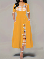 Plaid Print Button Decor Short Sleeve Dress With Pockets