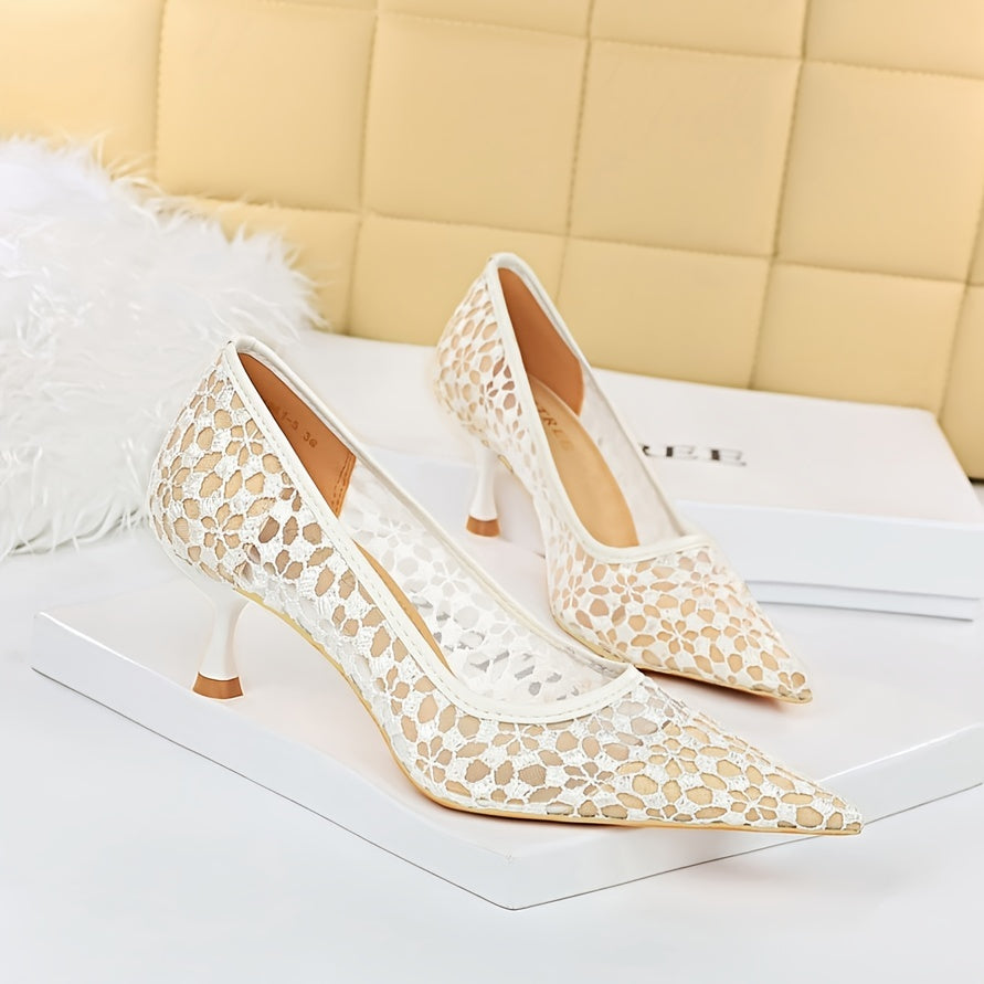 Lace Kitten Heel Shoes Pointed Toe Dress Pumps