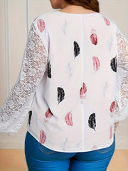 Casual Blouse Women's Plus Feather Print Lace Sleeve V Neck Top