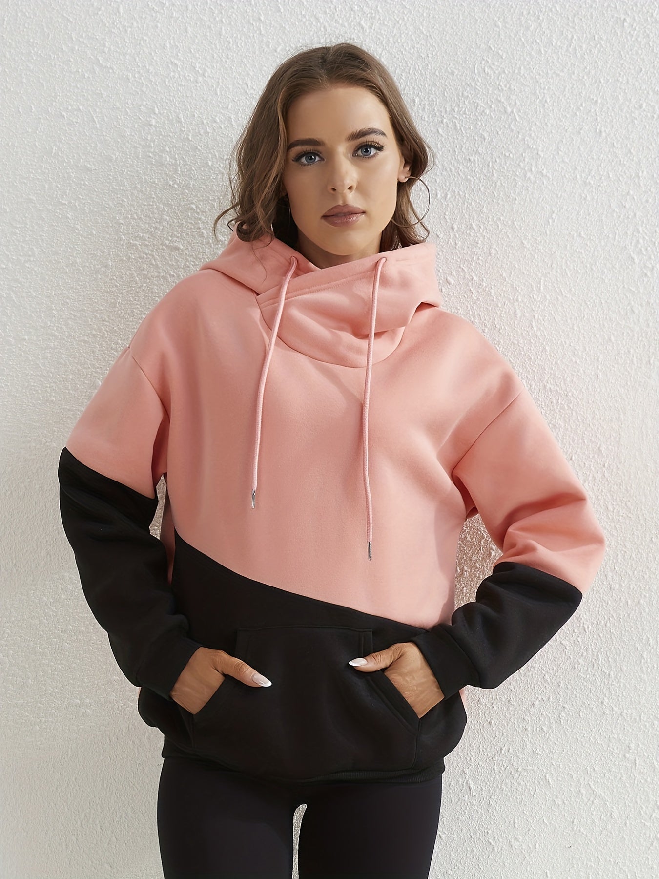 Block Kangaroo Pockets Hoodie for Women