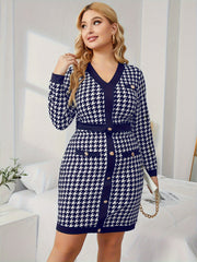 Houndstooth Print Long Sleeve V Neck Dress